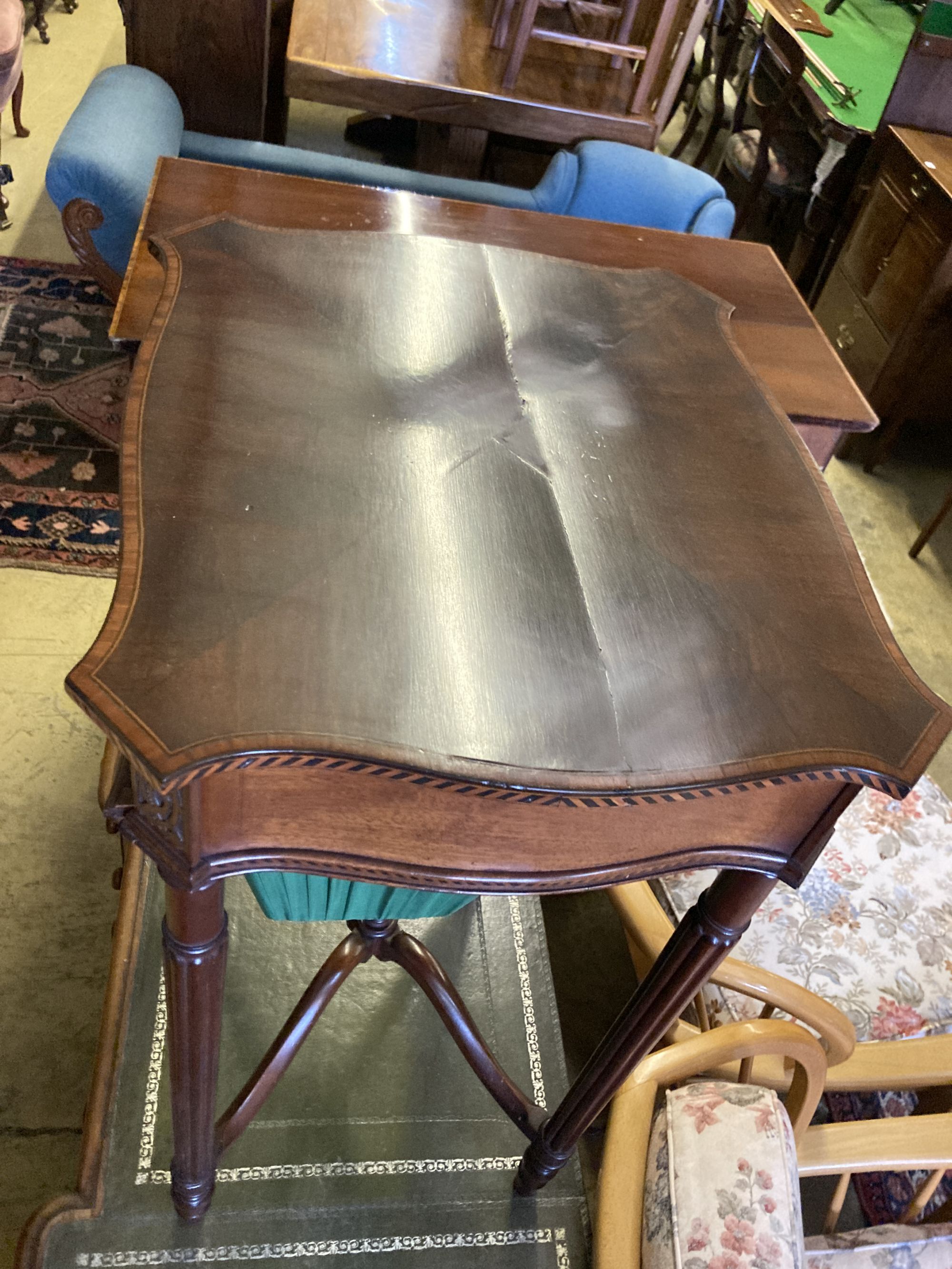 A Regency design inlaid mahogany sewing table, width 47cm, depth 40cm, height 75cm